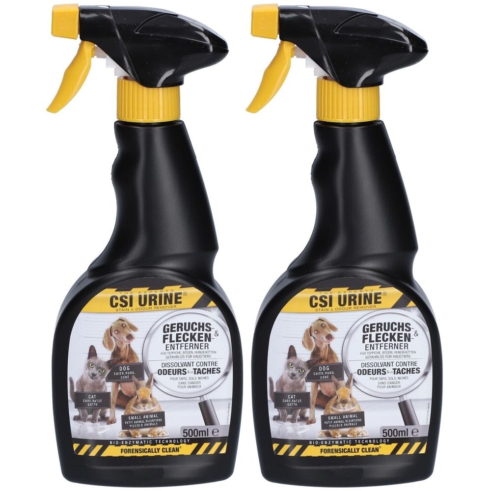 Deux flacons pulvérisateurs noirs avec des têtes de pulvérisation jaunes. Les étiquettes indiquent "CSI URINE" et "GERUCHS & FLECKEN ENTFERNER".