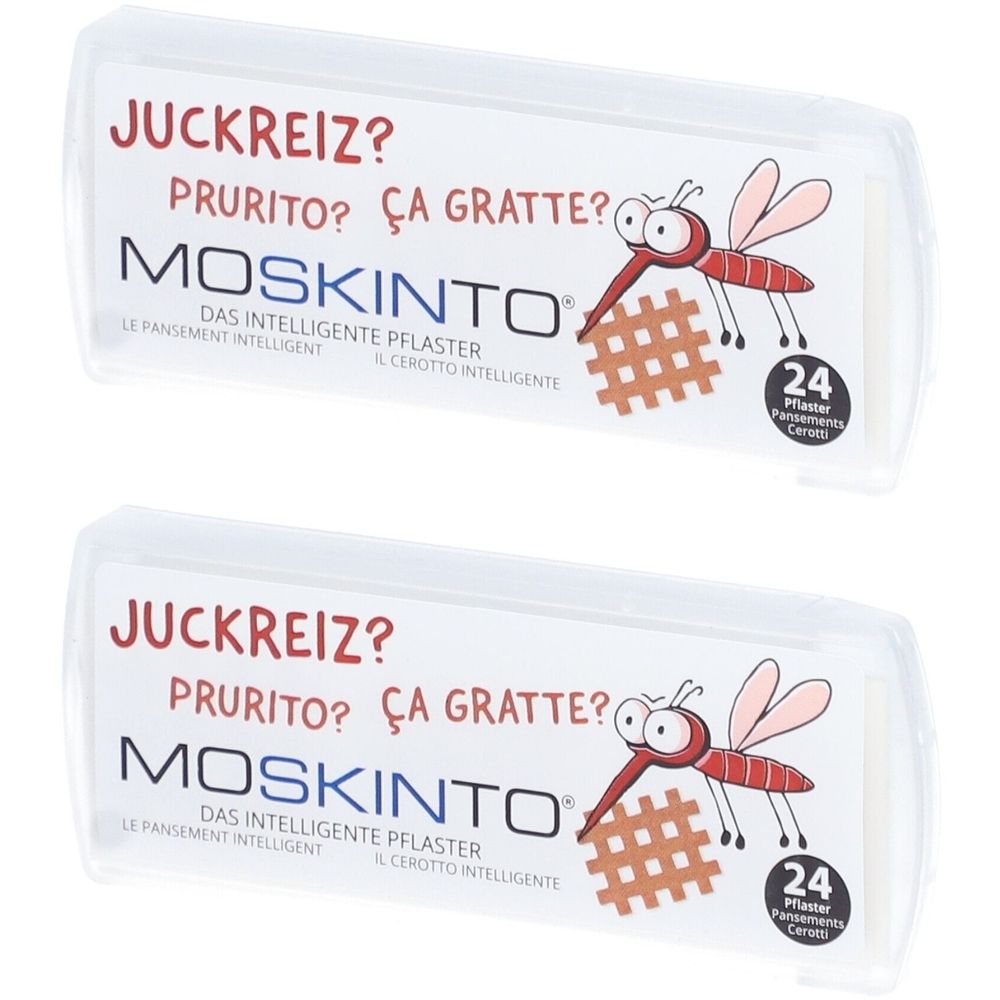 Deux boîtes de pansements. Inscription: MOSKINTO, Juckreiz?, 24 pansements. Illustration d'un moustique.