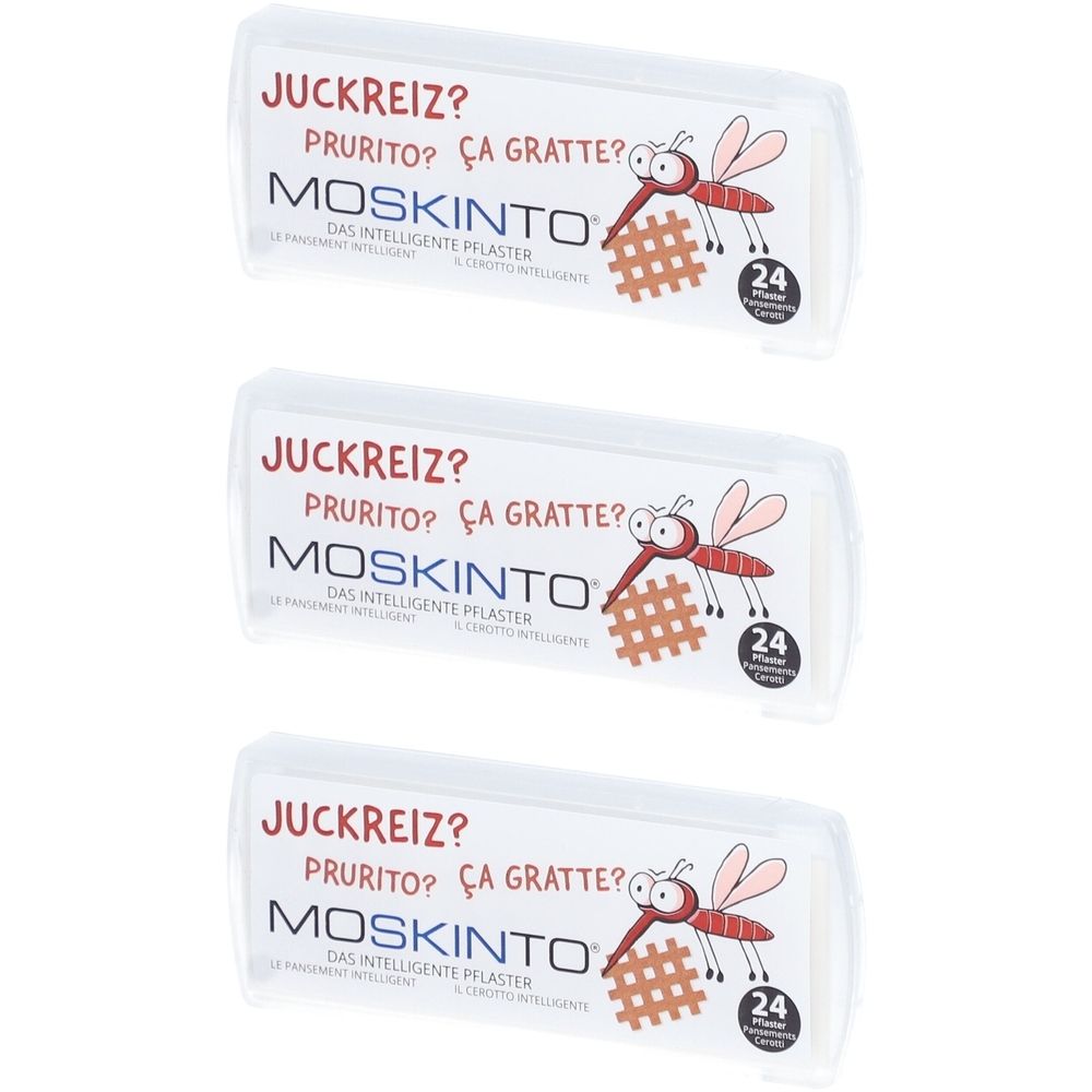 Trois boîtes de pansements MOSKINTO. Inscription : Juckreiz?, Prurito?, Ça gratte?. Illustration d'un moustique et 24 pièces.