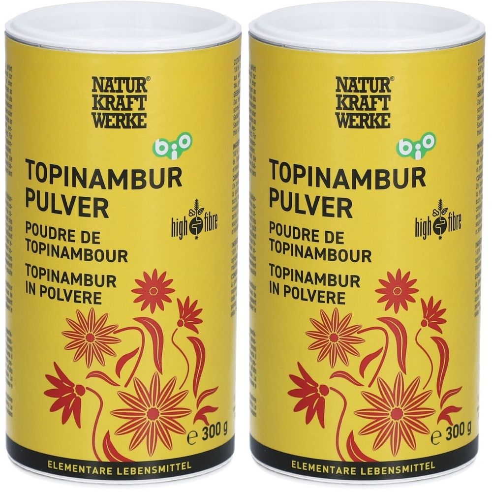 Deux boîtes jaunes avec l'inscription "TOPINAMBUR PULVER". Sceau bio et "high fibre" également affichés.