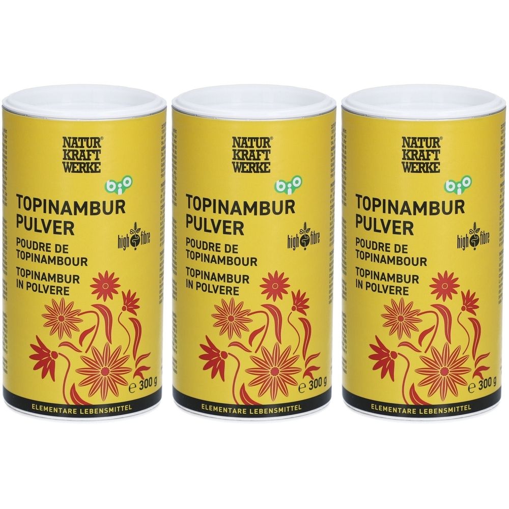 Trois boîtes jaunes de poudre de topinambour. Inscription : NATUR KRAFT WERKE, label bio, Topinambur Pulver, Poudre de Topinambour, Topinambur in Polvere.