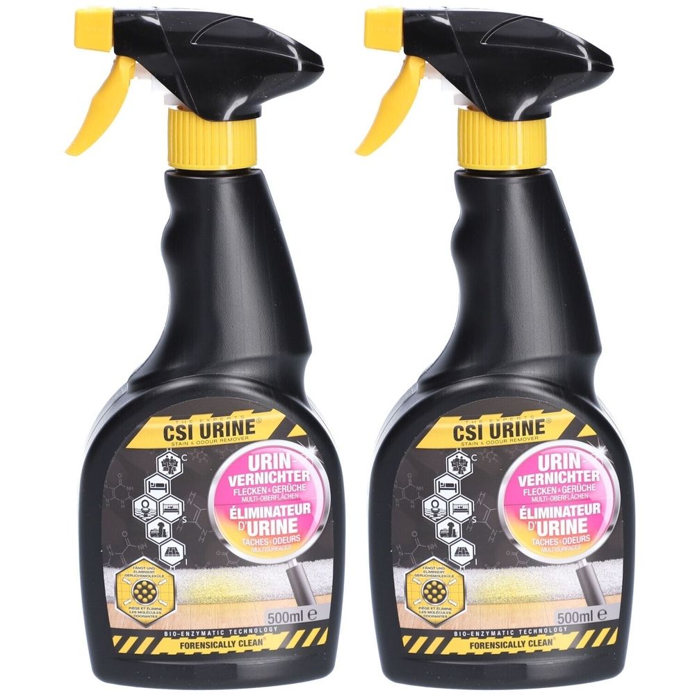 Deux flacons pulvérisateurs noirs avec des têtes de pulvérisation jaunes. Inscription CSI URINE, URIN VERNICHTER, ELIMINATEUR URINE. 500ml.