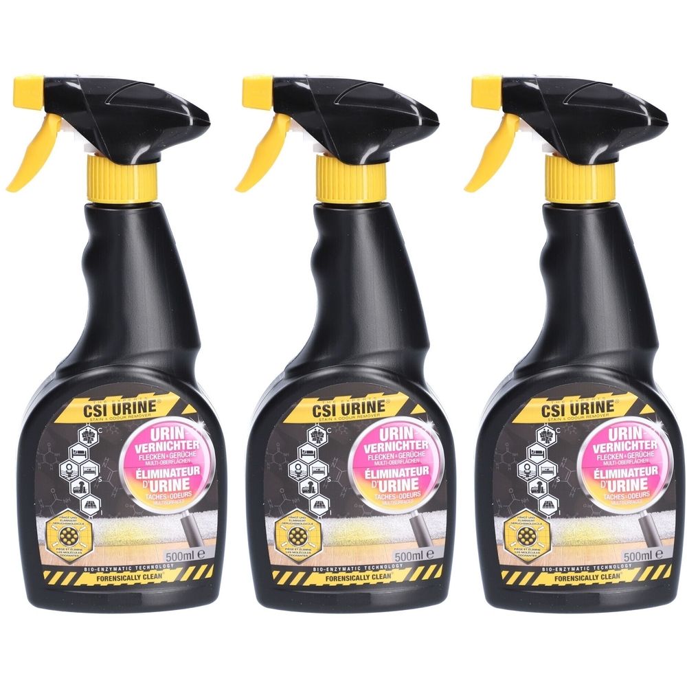Trois flacons pulvérisateurs noirs avec des têtes de pulvérisation jaunes. Les étiquettes indiquent "CSI URINE" et "URIN VERRICHTER".