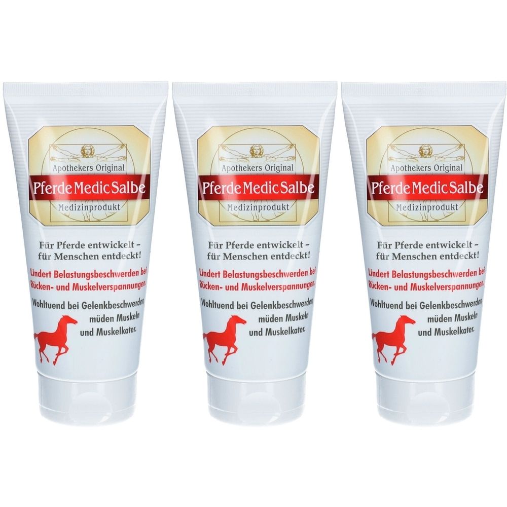 Trois tubes de APOTHEKERS ORIGINAL Pferde Medic Salbe. Tubes blancs avec logo cheval rouge et informations en allemand.