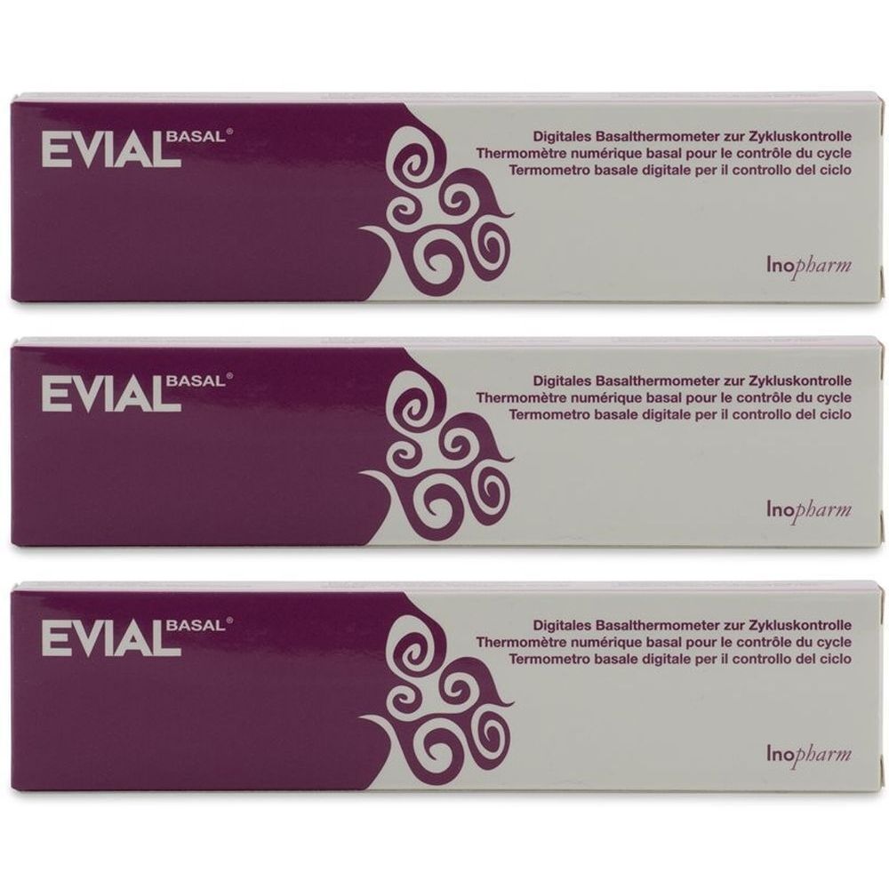 Trois boîtes EVIAL BASAL. Texte: Thermomètre basal numérique pour le contrôle du cycle. Inopharm.