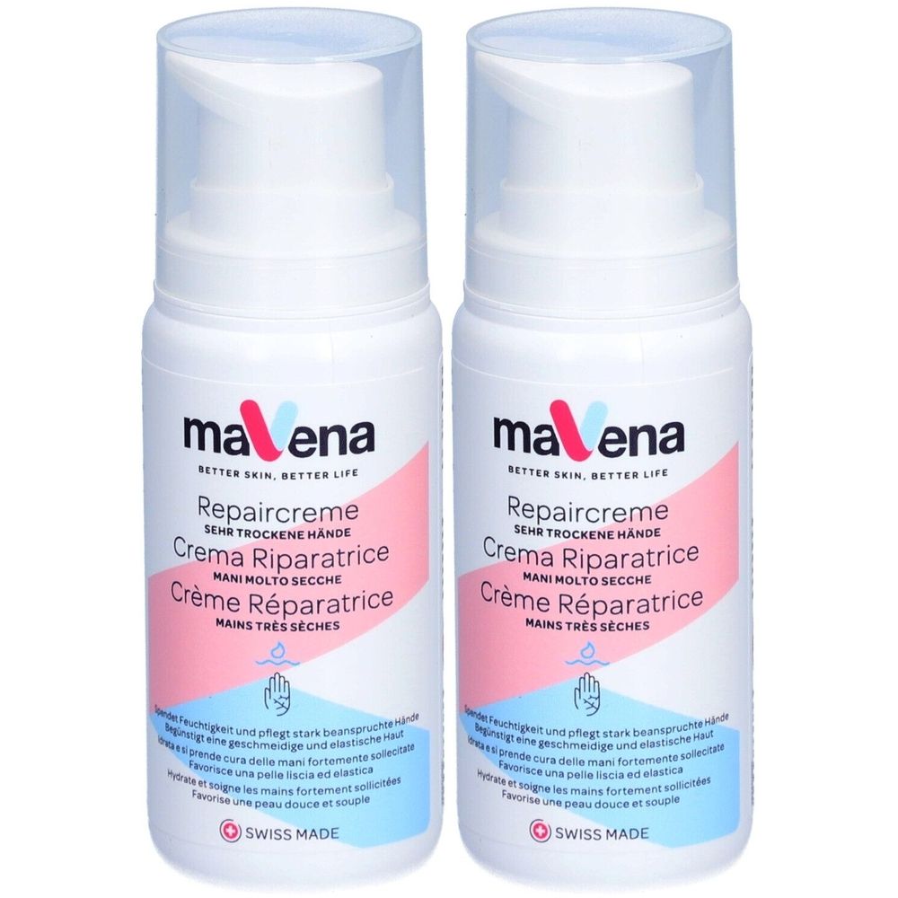 Deux flacons blancs avec pompe. Inscription: Mavena Crème Réparatrice pour mains très sèches. Swiss Made.