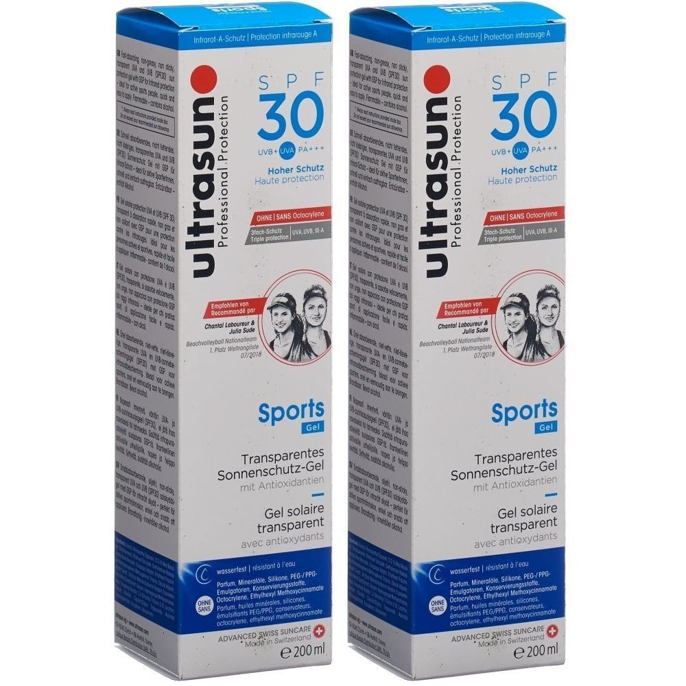 Deux boîtes rectangulaires avec "ultrasun" et "SPF 30". "Sports" et "Gel solaire transparent" sont également visibles.
