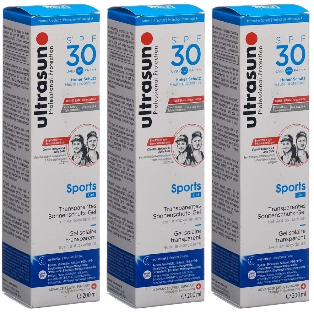 Trois boîtes rectangulaires de ULTRASUN Sport-Spray SPF 30. Inscriptions : SPF 30, UV-A/UV-B, Haute protection, Sports Gel, gel solaire transparent.