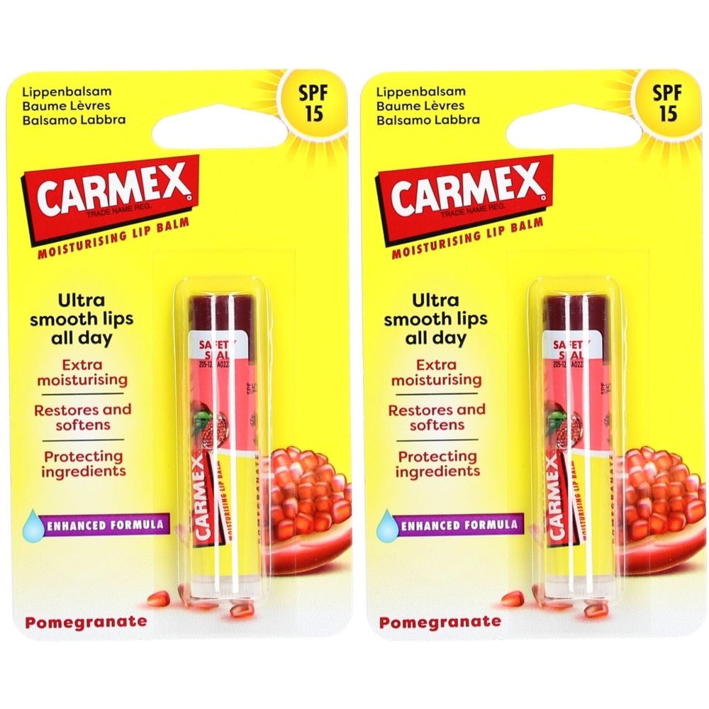 Deux emballages de baume à lèvres CARMEX. Carte jaune avec produit et motif grenade. Texte : SPF 15, lèvres ultra lisses, grenade.