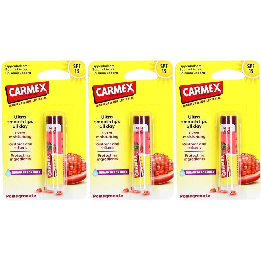 Trois emballages de baume à lèvres. Carte jaune avec logo CARMEX, bâton de baume et image de grenade. Texte : SPF 15, Ultra smooth lips all day.
