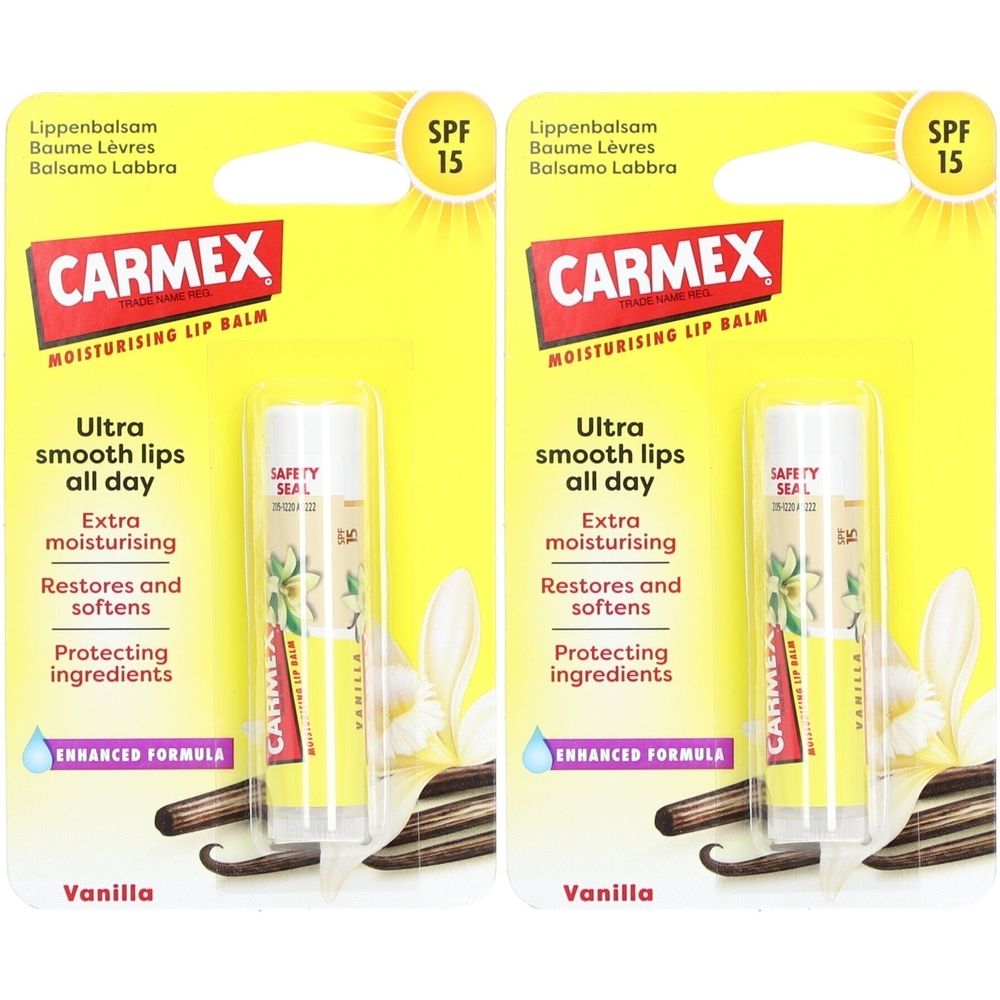 Deux emballages de baume à lèvres CARMEX. Emballage jaune avec produit et texte. Contient SPF 15. Saveur vanille.