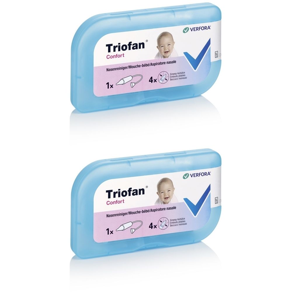 Deux boîtes bleues avec le nom du produit TrioFan Comfort. Chaque boîte présente un bébé, un aspirateur nasal et un symbole pour 4 filtres.
