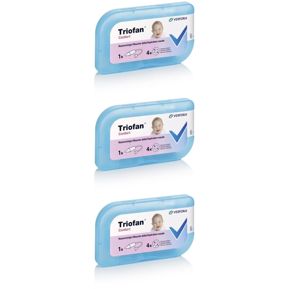 Trois boîtes bleues en plastique. Sur chaque boîte, "Triofan Comfort" avec un visage de bébé. Symboles 1x et 4x.