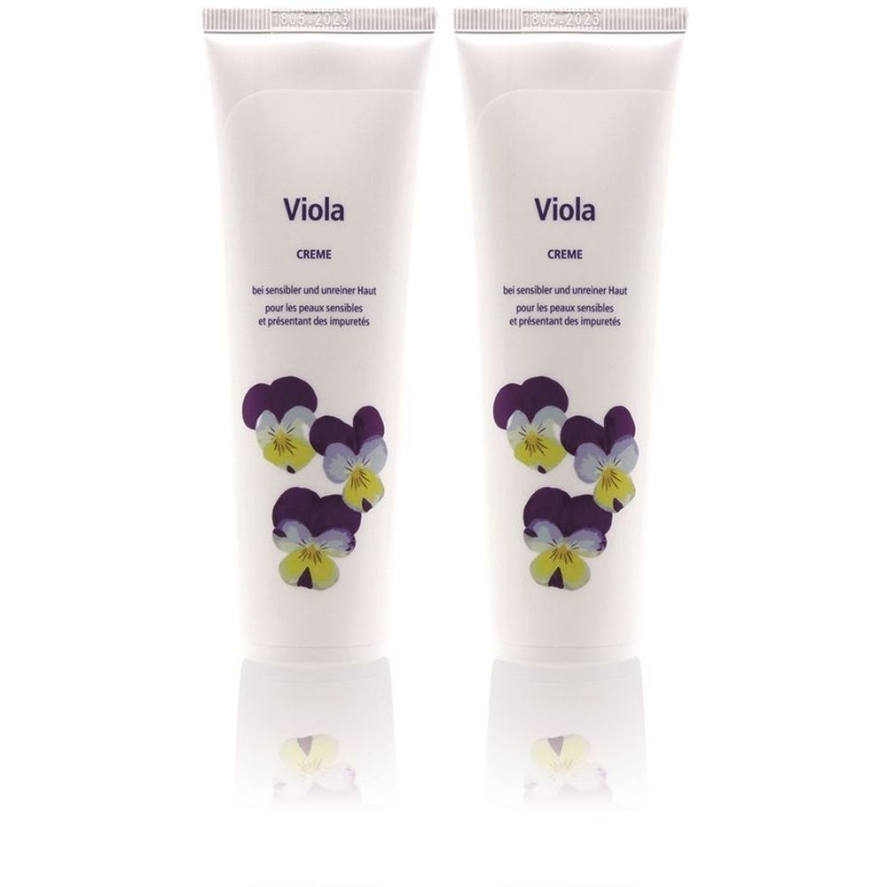 Deux tubes de crème "Viola". Décorés de pensées. Texte en allemand et français.