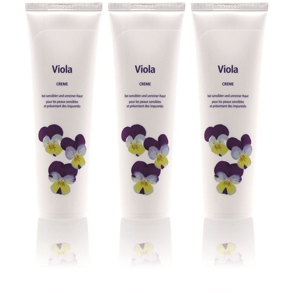 Trois tubes de crème "Viola". Chaque tube présente des pensées. Texte en allemand et français.