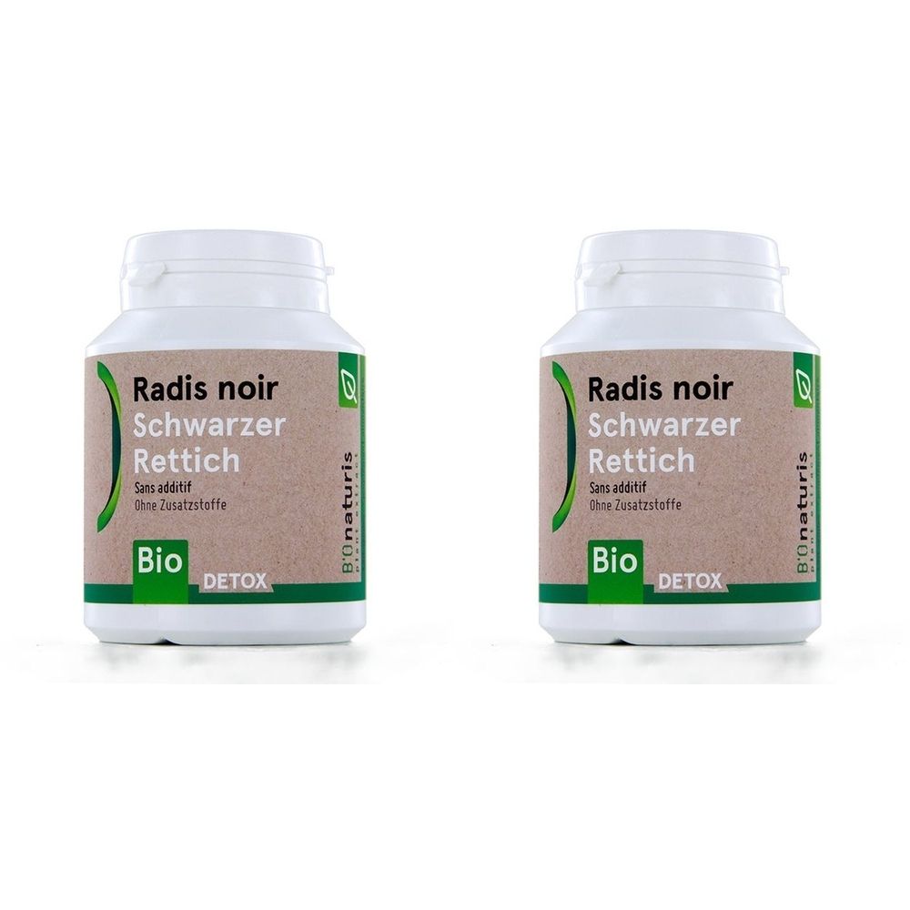 Deux flacons blancs avec étiquettes. Inscription: Radis noir Schwarzer Rettich, Bio, Detox. Marque: Bionaturis.