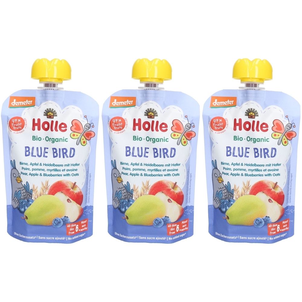Trois sachets HOLLE Blue Bird. Emballage bleu avec bouchon jaune. Inscription : Bio-Organic, Blue Bird, poire, pomme, myrtille et avoine.