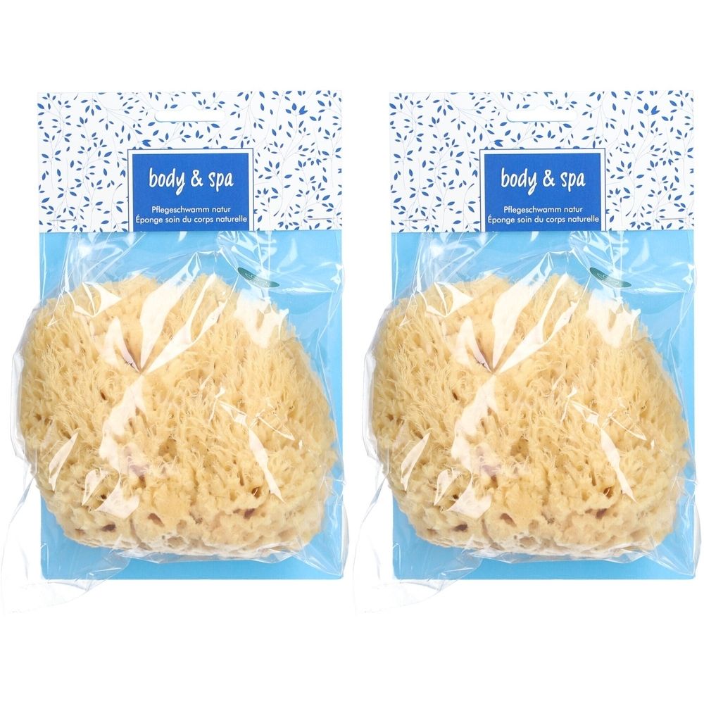 Deux éponges naturelles pour le corps, emballées. Inscription "body & spa".