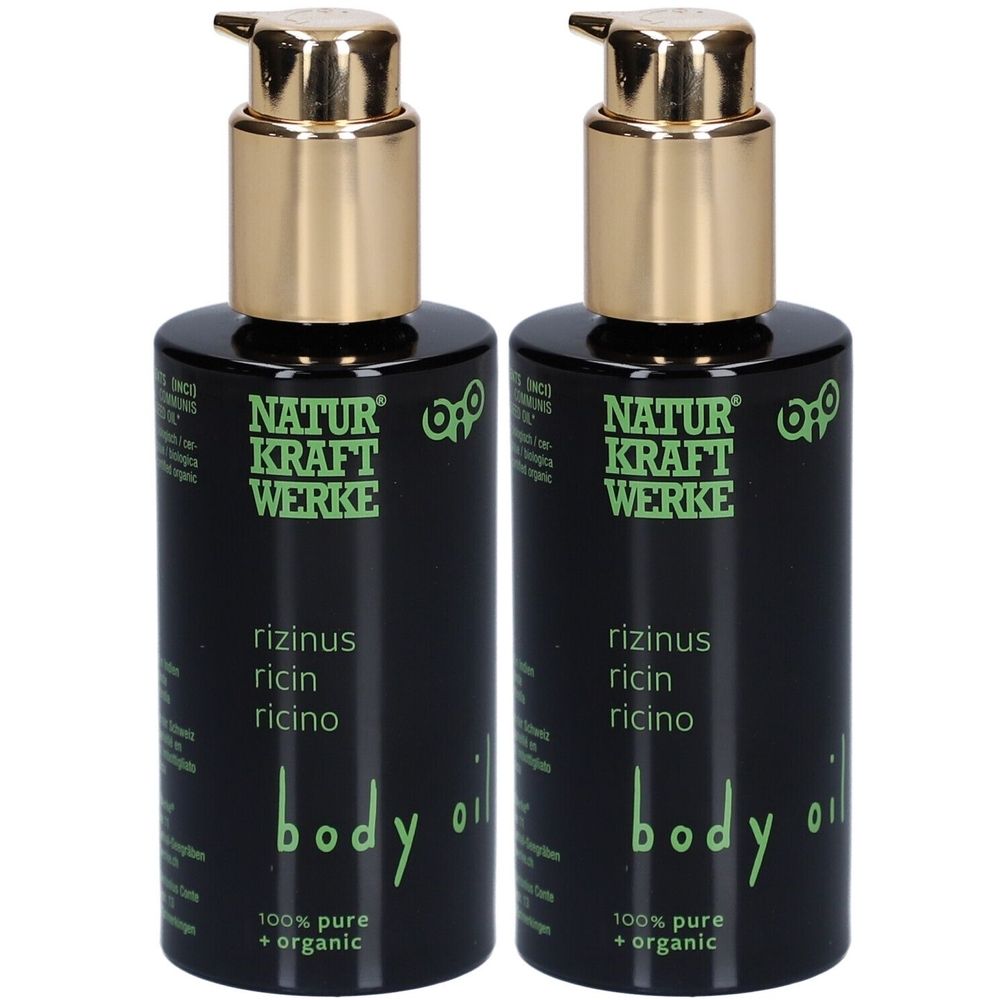 Deux flacons noirs avec pompes dorées. Inscription: NATUR KRAFT WERKE, huile de ricin, body oil, 100% pure + organic.