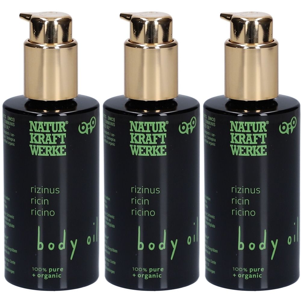 Trois flacons d'huile pour le corps. Flacons noirs avec pompes dorées. Inscription : NATUR KRAFT WERKE, Rizinus, Ricin, Ricino, body oil.