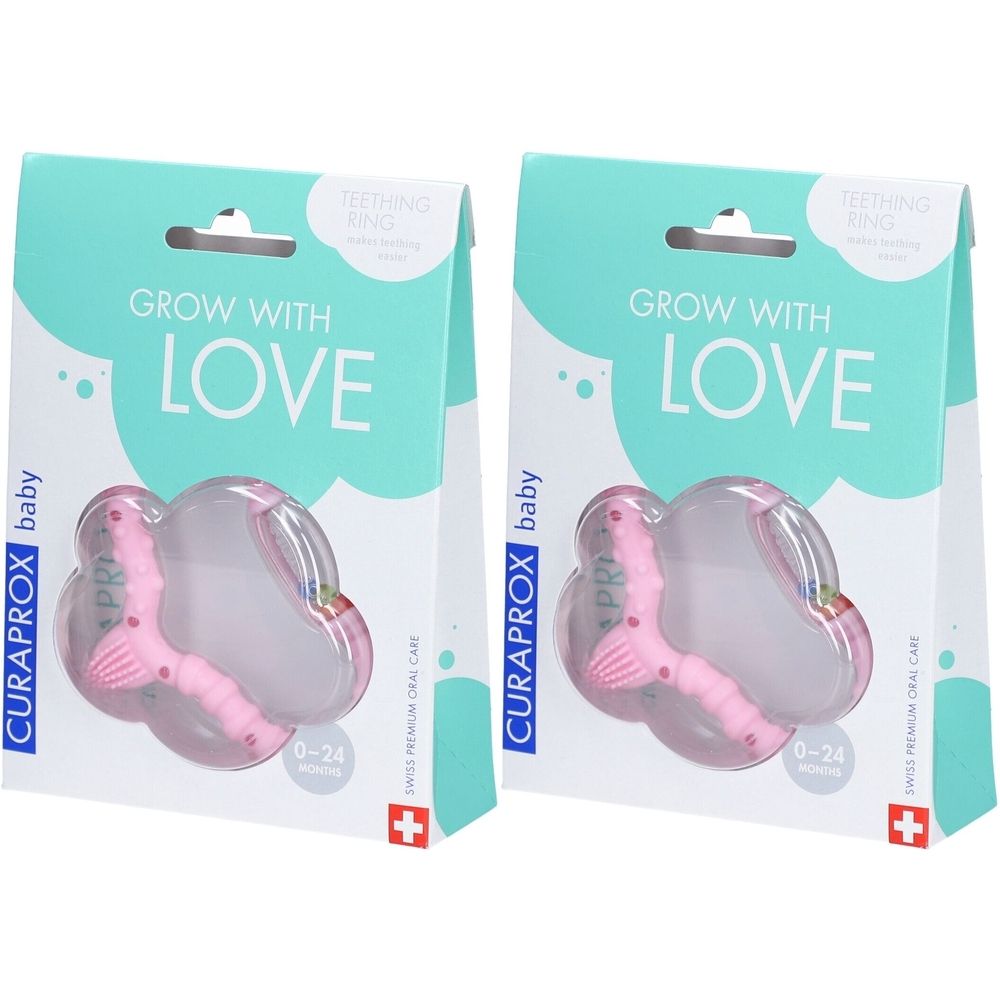 Deux anneaux de dentition CURAPROX® en emballage. Anneau rose en forme de nuage, 0-24 mois. Inscription : GROW WITH LOVE.