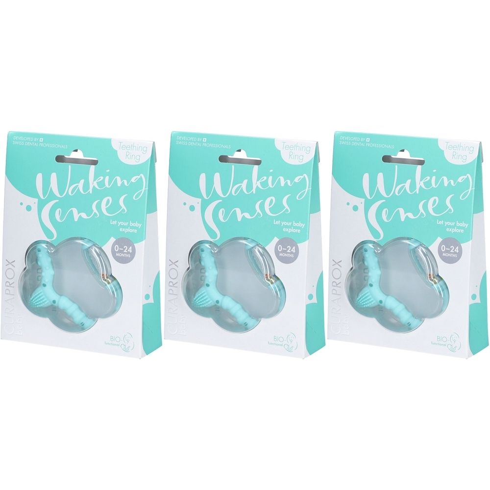 Trois emballages de CURAPROX® Beißring. Chaque emballage présente un anneau de dentition en forme de nuage avec un élément bleu. Inscription : Waking Senses.