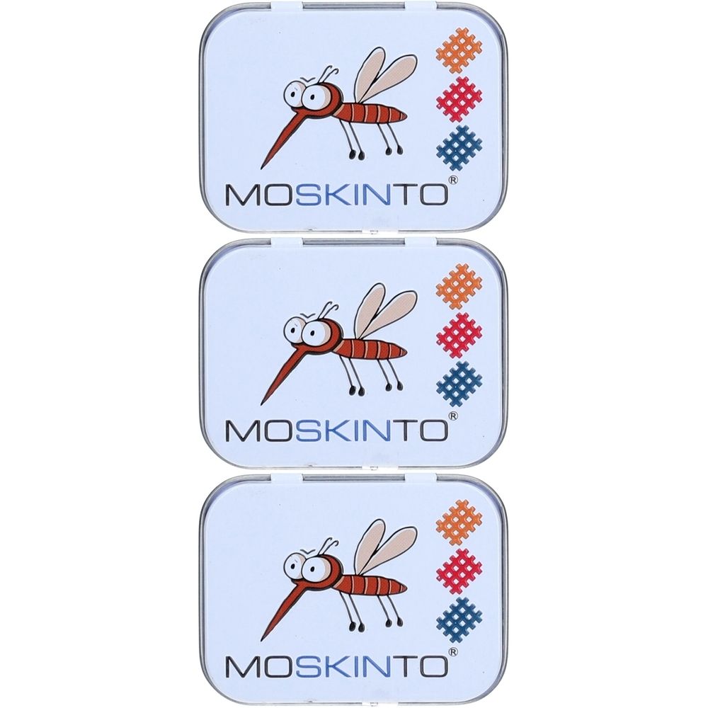 Trois boîtes métalliques rectangulaires avec illustration d'insecte et inscription MOSKINTO. Chaque boîte a un motif coloré.