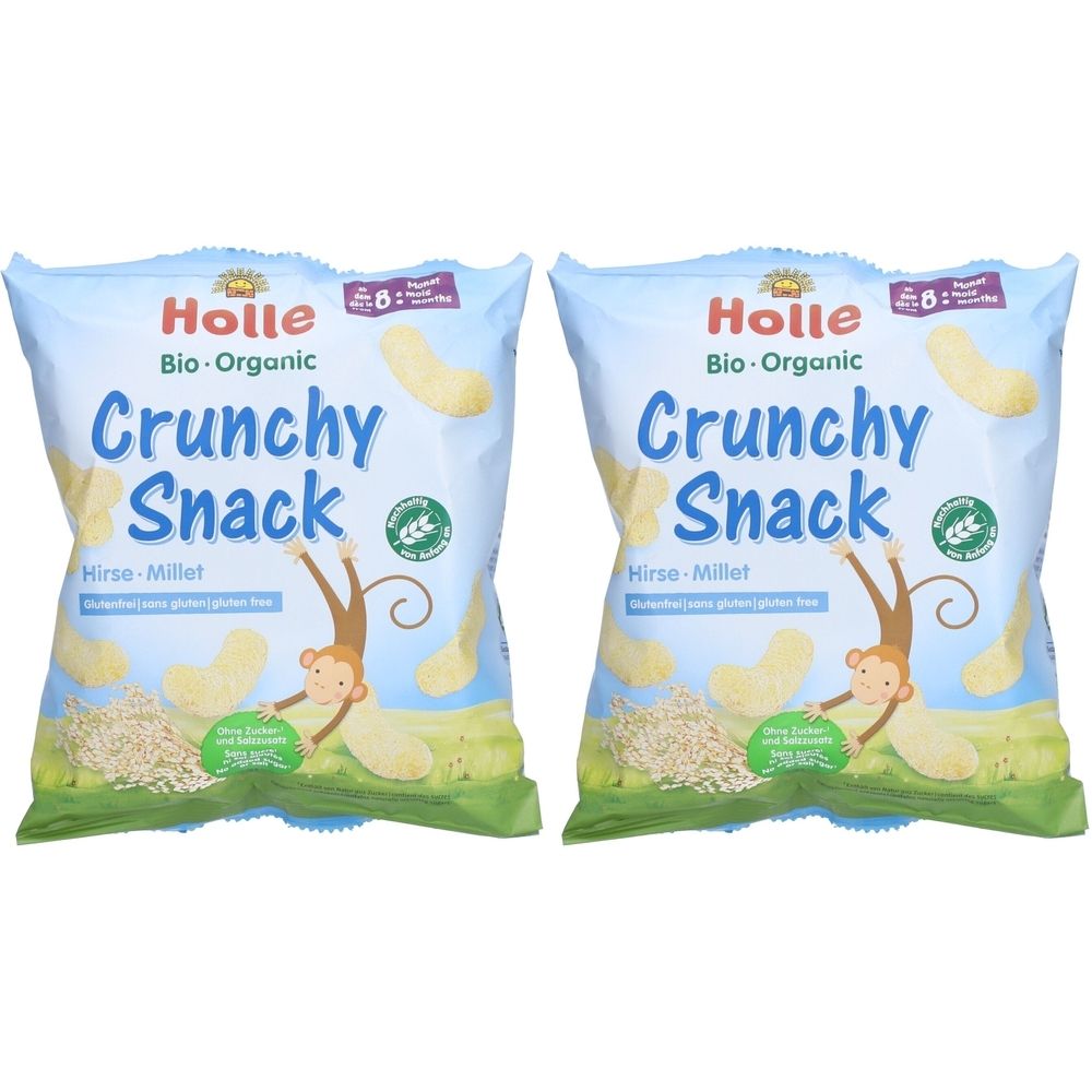 Deux paquets de HOLLE Crunchy Snack Hirse bio. Inscription : Crunchy Snack, Hirse-Millet. Bio-Organic. Avec un dessin de singe.