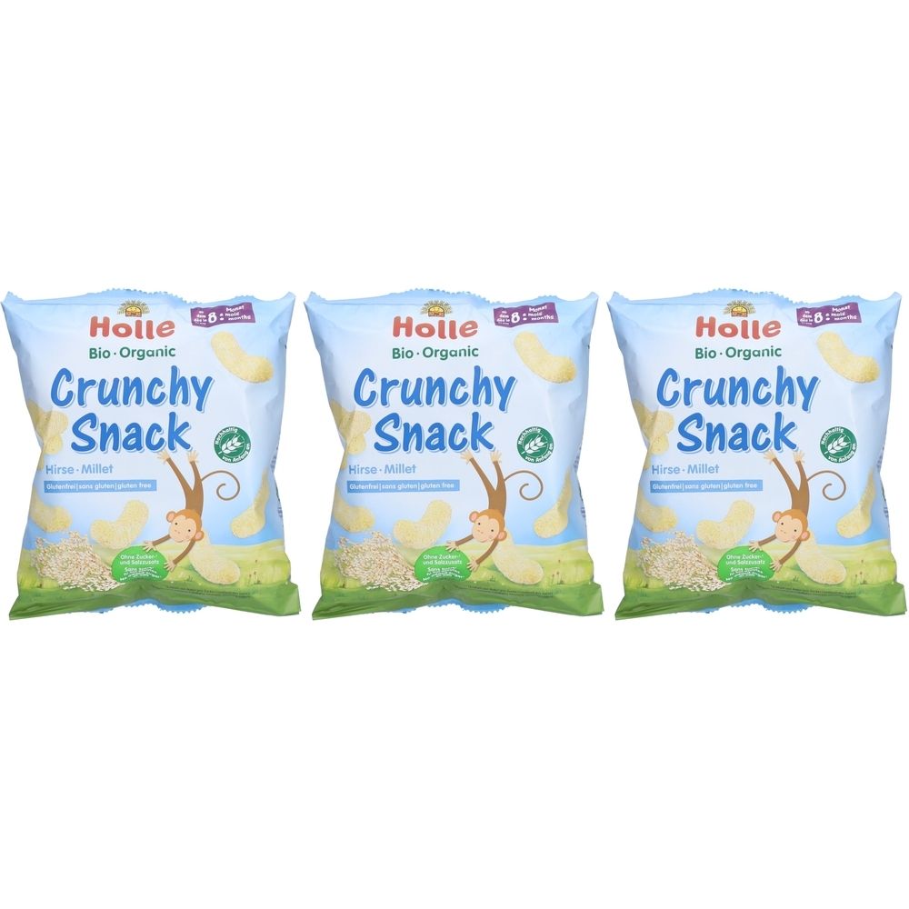 Trois paquets de HOLLE Crunchy Snack. Inscription : Bio-Organic, Crunchy Snack, Hirse-Millet. Illustration d'un singe et de snacks.