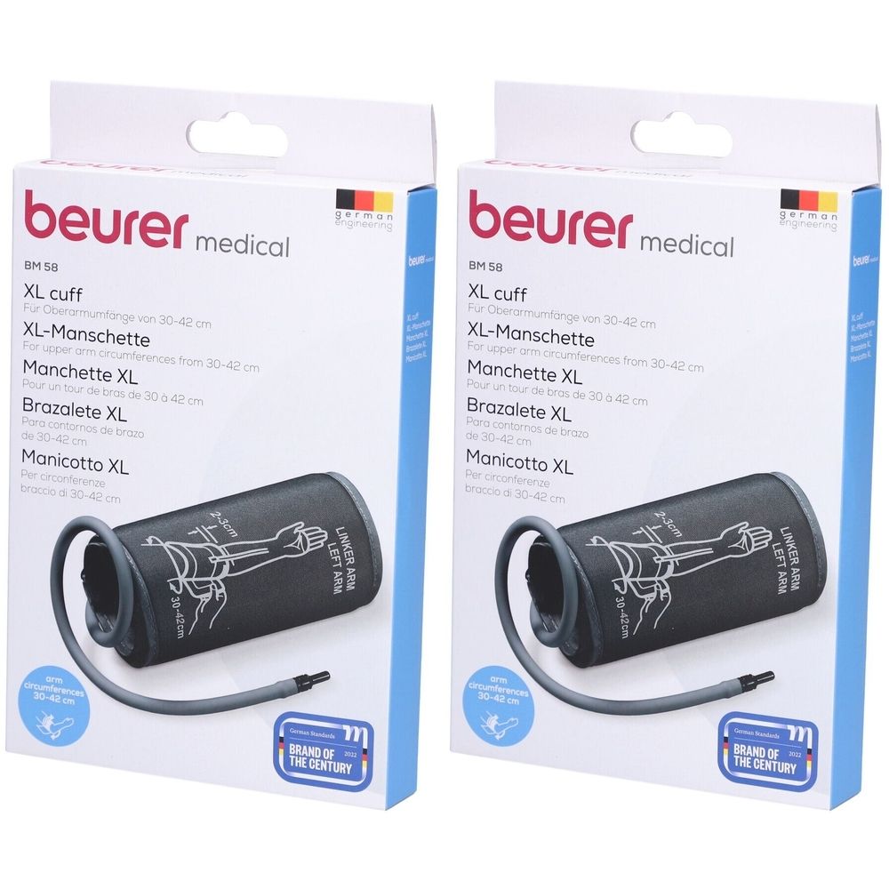 Deux boîtes de manchette XL. Manchette noire avec tube. Marque : beurer medical. Texte : Manchette XL, 30-42cm.