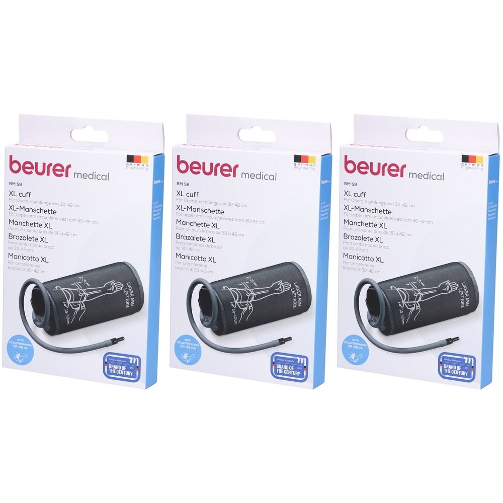Trois boîtes de brassards pour tensiomètre. Brassard noir avec tube. Inscription : beurer medical, XL cuff.