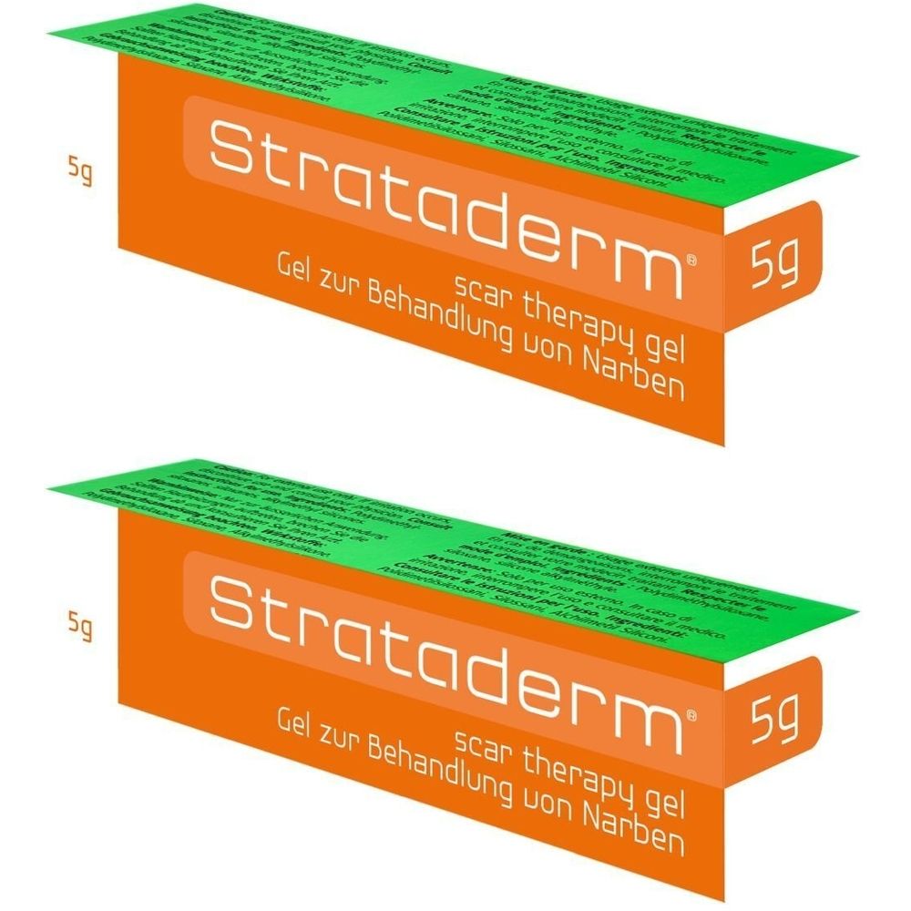 Deux emballages de gel cicatrisant Strataderm. Boîte orange avec couvercle vert. Inscription : "Strataderm", "5g", "Gel zur Behandlung von Narben".