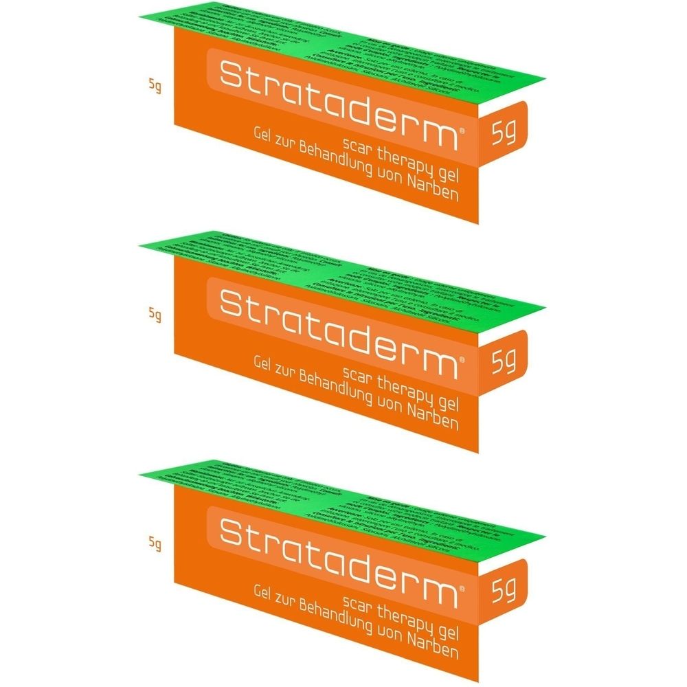 Trois paquets de gel cicatriciel Strataderm. Emballage orange avec couvercle vert. Inscription : 5g, Gel pour le traitement des cicatrices.