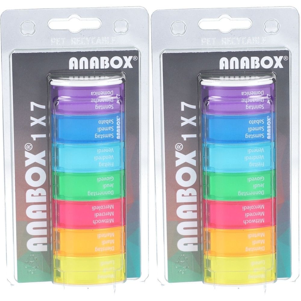Deux piluliers Anabox 1x7 en blister. Chaque boîte a sept compartiments colorés avec les jours de la semaine.