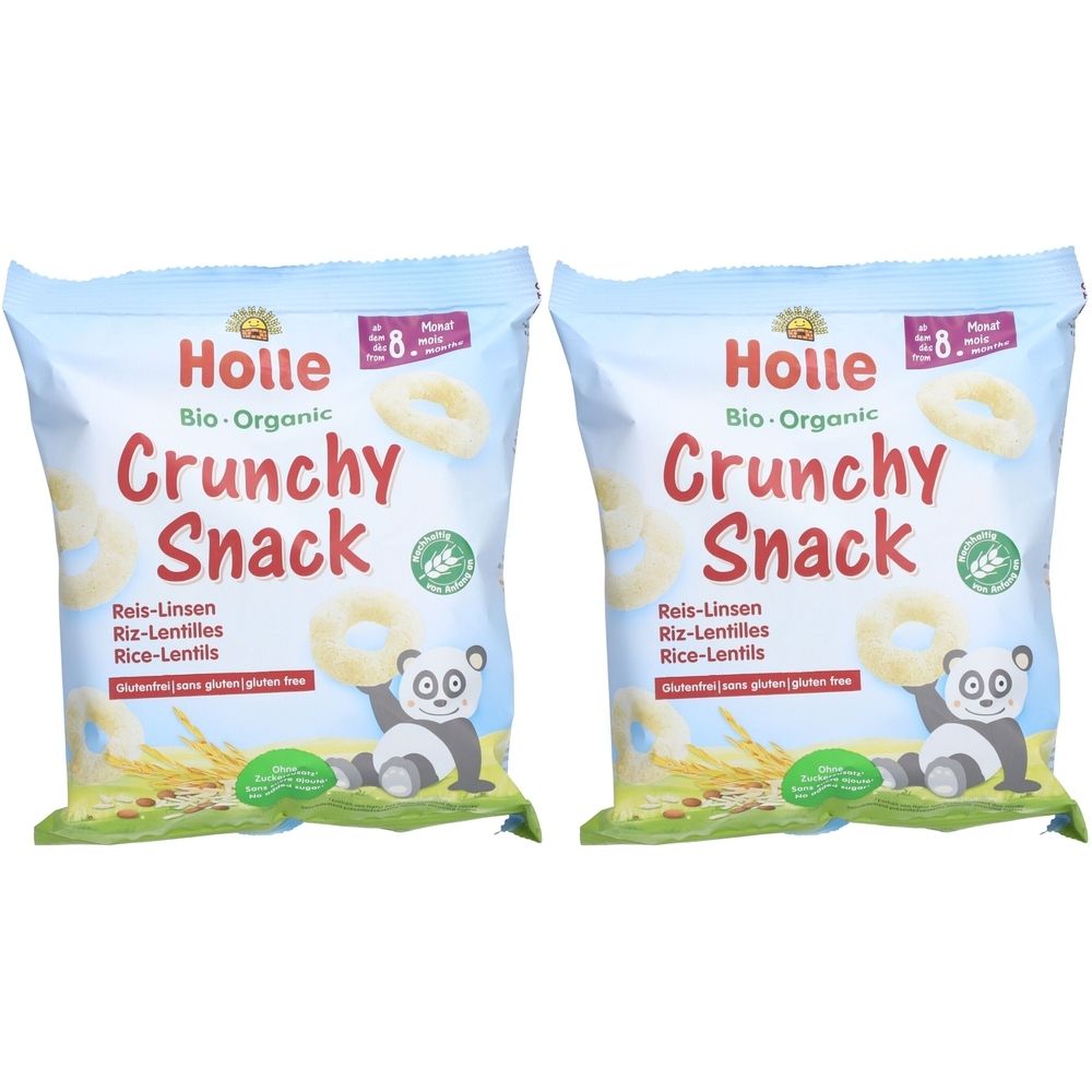 Deux paquets de Holle Crunchy Snack. Inscription: Reis-Linsen, Riz-Lentilles, Rice-Lentils. Image d'un panda et de snacks en anneaux.