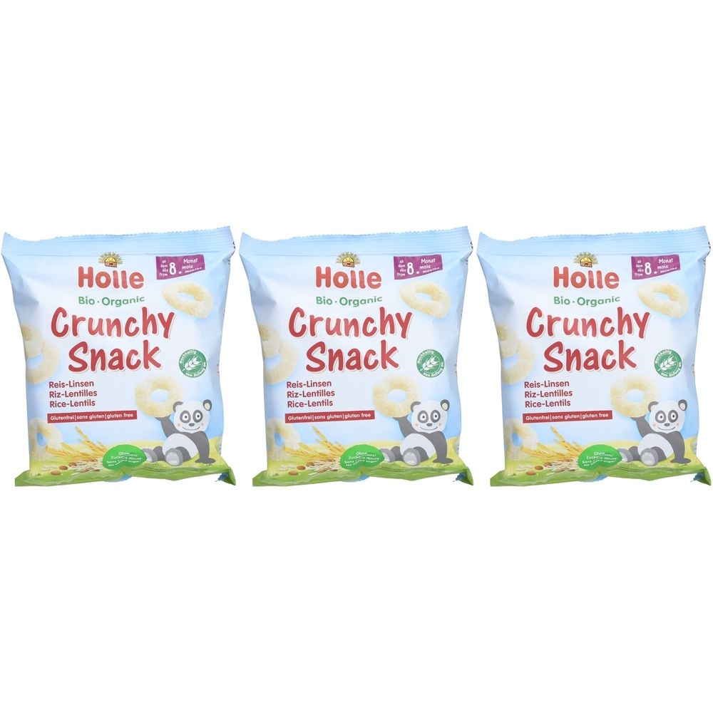 Trois paquets de HOLLE Crunchy Snack. Inscription : Bio-Organic, Crunchy Snack, riz-lentilles, sans gluten. Illustration : Panda.