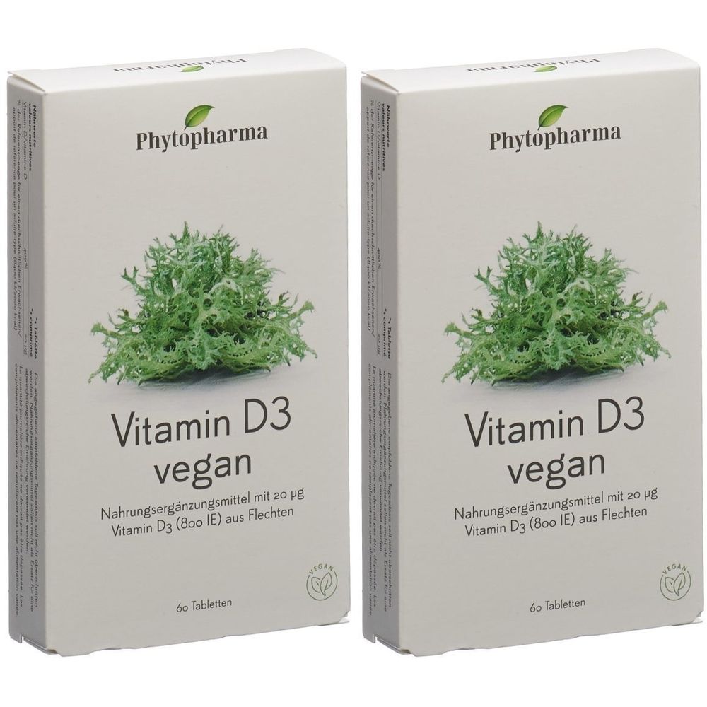 Deux boîtes de "Phytopharma Vitamine D3 vegan". Image d'une plante verte, texte, 60 comprimés. Label vegan.