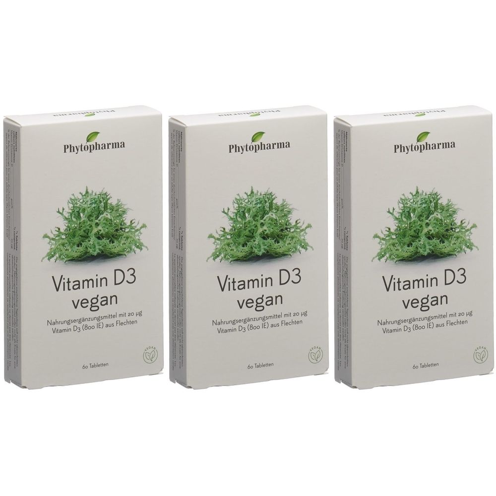 Trois boîtes avec l'inscription "Vitamin D3 vegan". Chaque boîte présente un motif végétal vert. La marque est "Phytopharma".