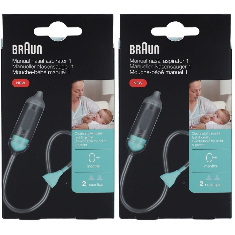 Emballage de l'aspirateur nasal manuel Braun. Comprend 2 embouts. Pour nourrissons dès la naissance.