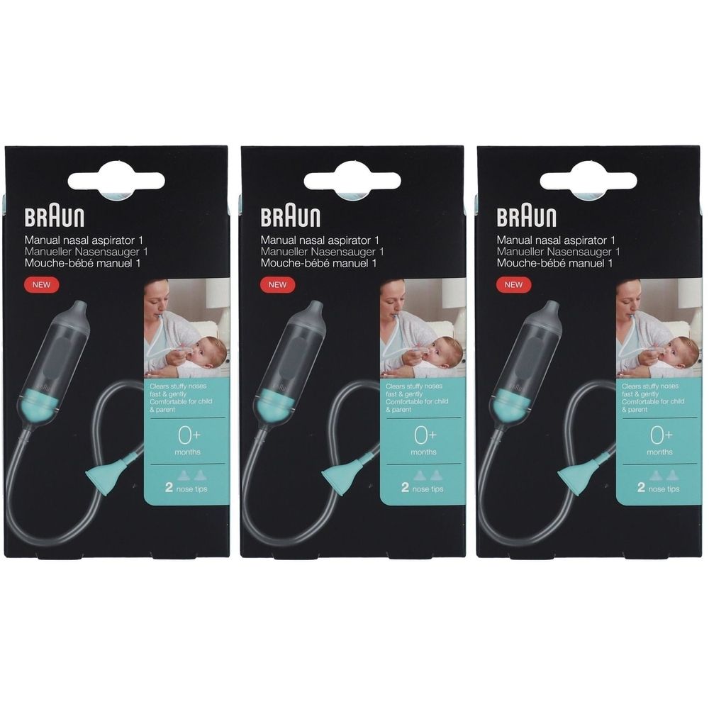 Trois boîtes de l'aspirateur nasal manuel BRAUN. Emballage noir avec image du produit et texte. Convient aux bébés dès 0 mois.