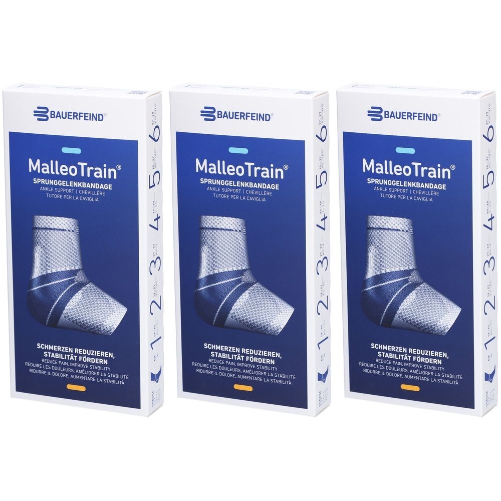 Trois boîtes de l'attelle de cheville MalleoTrain. Marque Bauerfeind. Taille 3, gauche, Titanium. Inscription : Réduire la douleur, améliorer la stabilité.