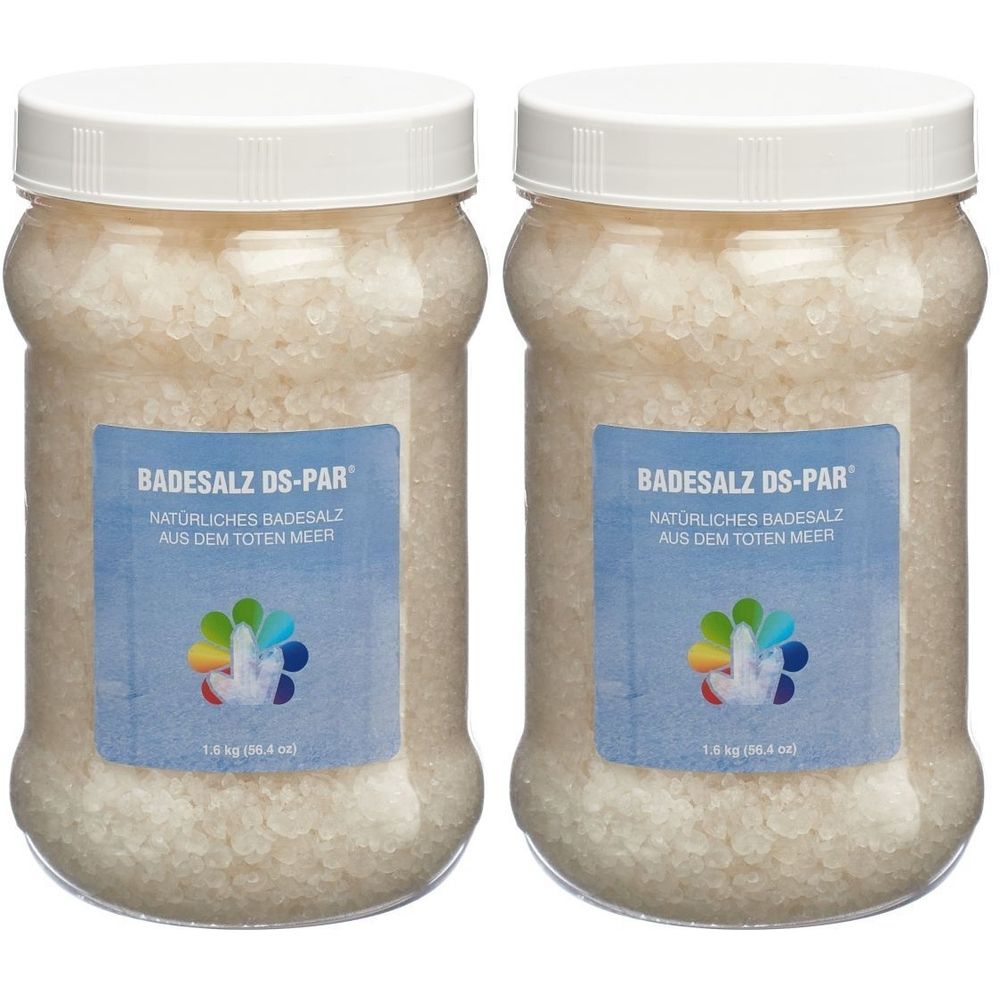 Deux pots de sel de bain. Les étiquettes indiquent "BADESALZ DS-PAR" et "NATÜRLICHES BADESALZ AUS DEM TOTEN MEER".