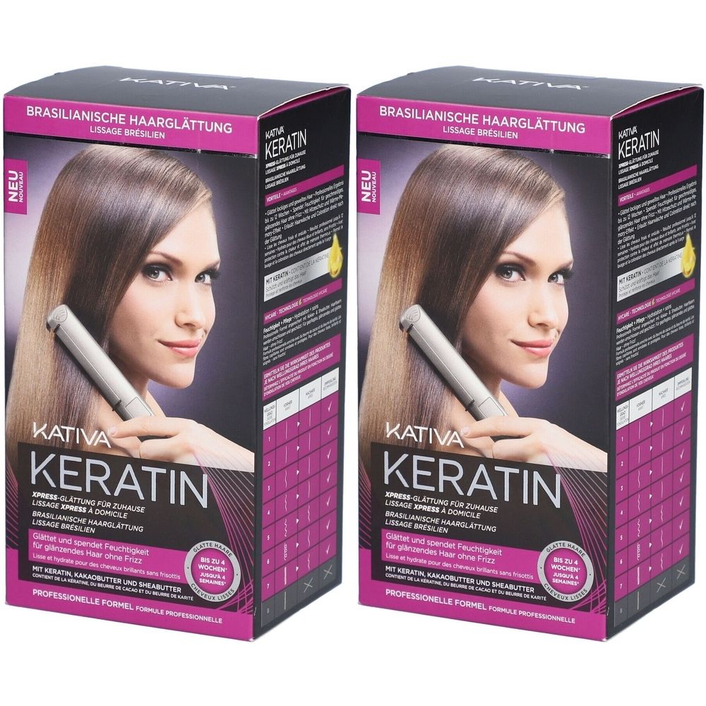 Deux boîtes KATIVA Keratin. Inscription: Lissage brésilien. Image d'une femme aux cheveux lisses. Texte: NEU, KATIVA, Keratin.
