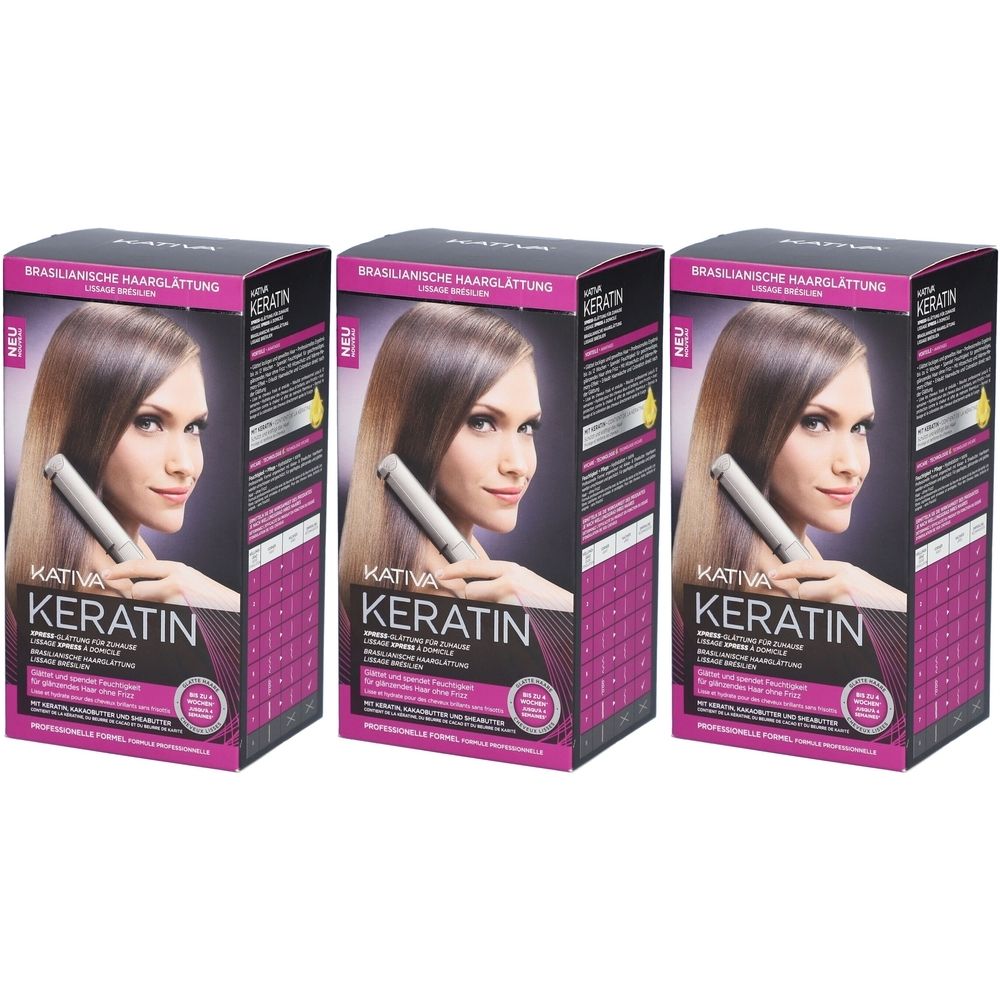 Trois boîtes de produit KATIVA Keratin. Chaque boîte présente une femme avec des cheveux lisses et un lisseur.