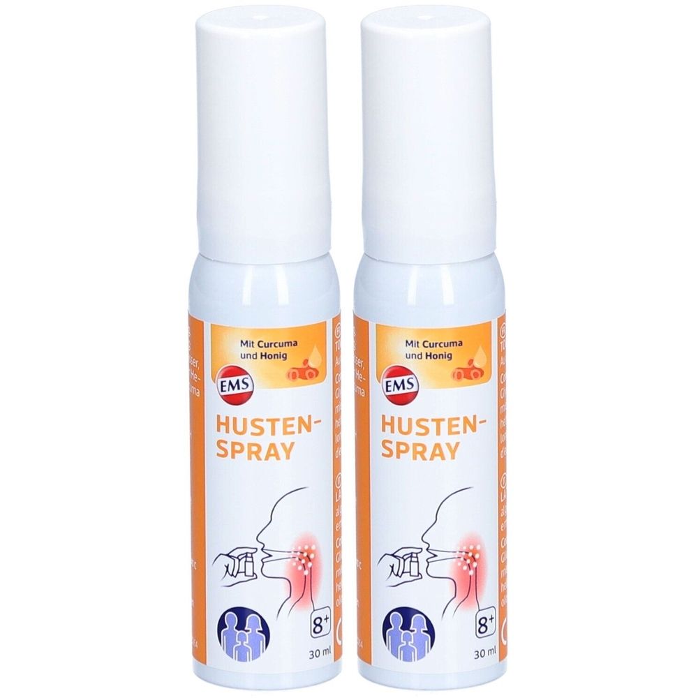 Deux flacons de spray blancs avec des étiquettes orange. Inscription : HUSTEN-SPRAY, logo EMS, texte avec Curcuma et Miel. Illustration d'une application dans la gorge.