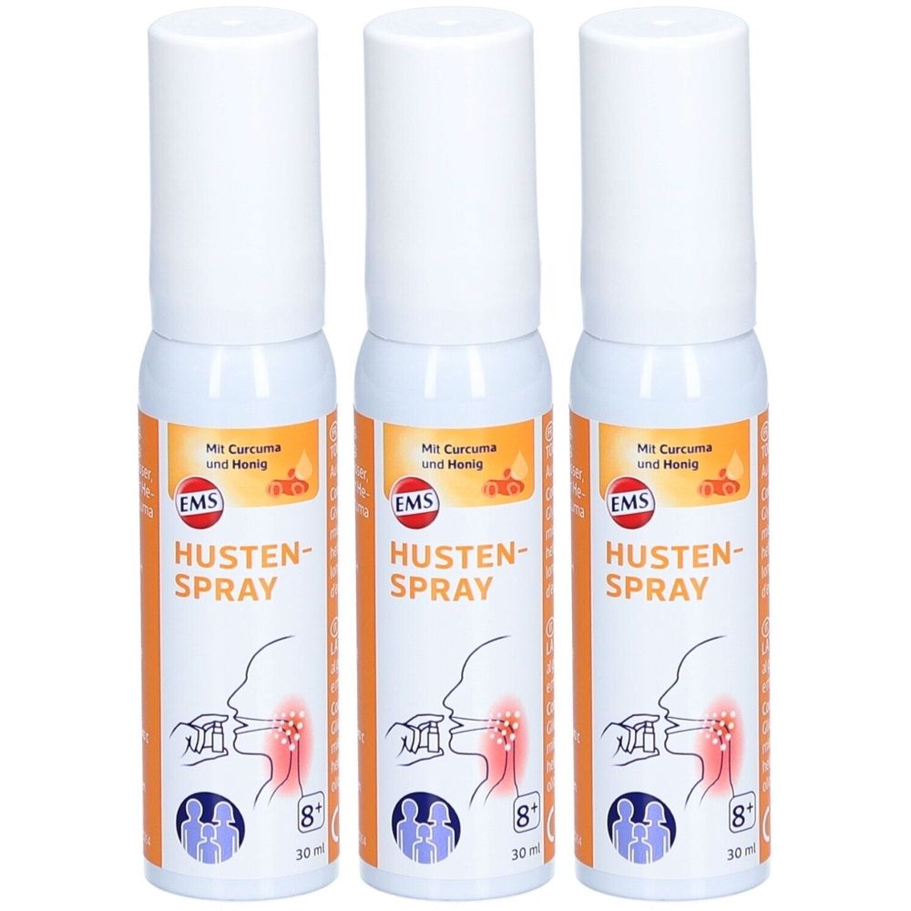Trois flacons de spray contre la toux avec bouchon blanc et étiquette orange. Texte : HUSTEN-SPRAY, EMS, Mit Curcuma und Honig.