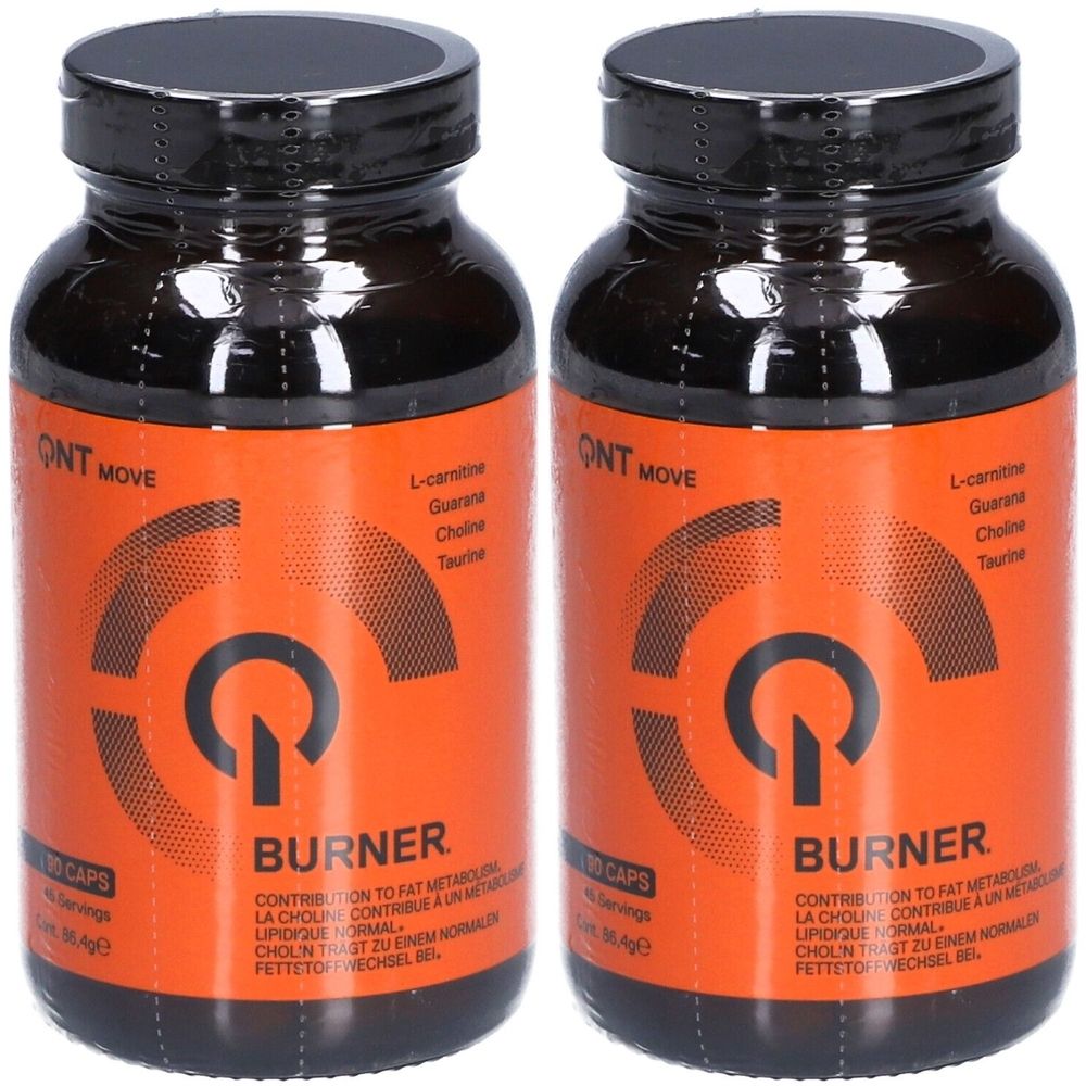 Deux flacons avec étiquettes orange. Les étiquettes indiquent "QNT MOVE BURNER" et des ingrédients comme la L-carnitine.