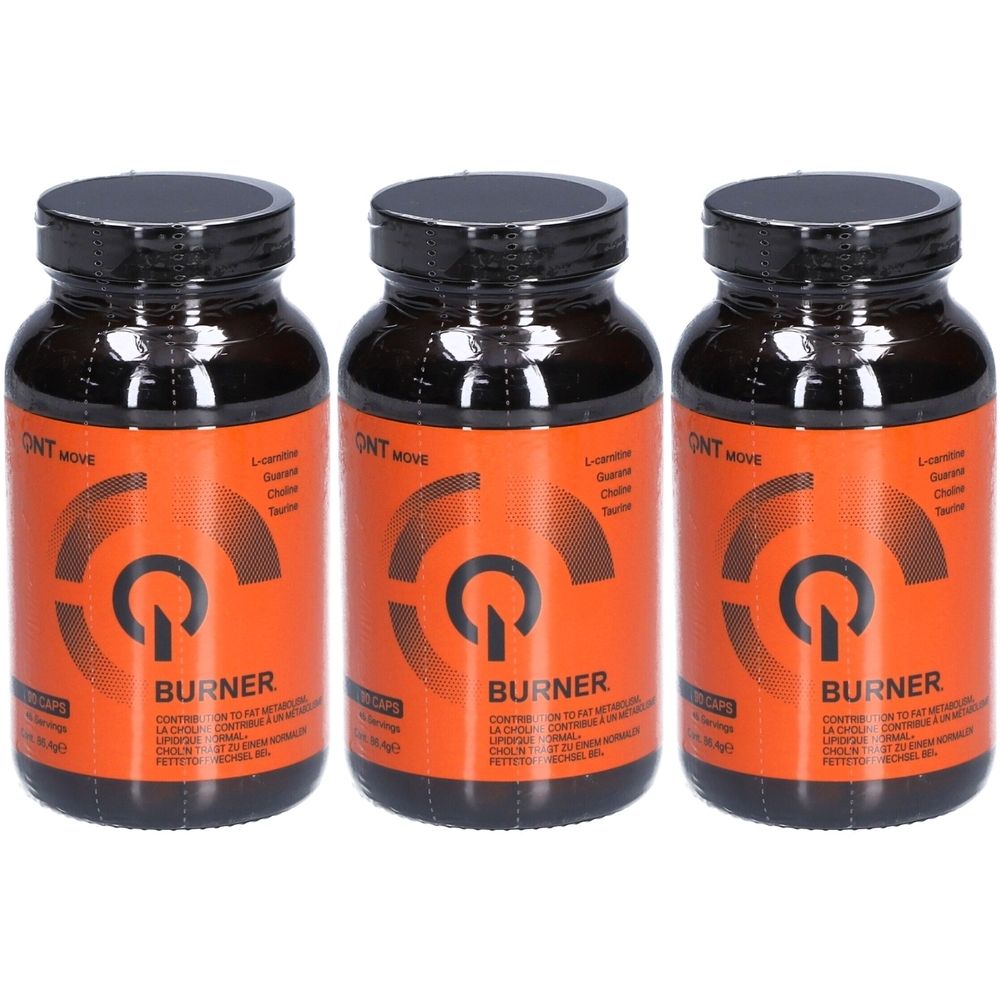 Trois flacons bruns avec des couvercles noirs. L'étiquette orange porte la mention "QNT MOVE BURNER".