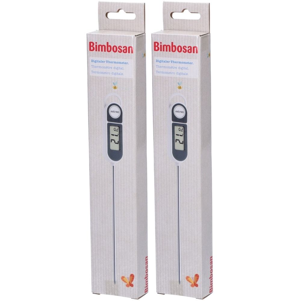 Deux thermomètres dans leur emballage. Affichage numérique de la température. Marque : Bimbosan.