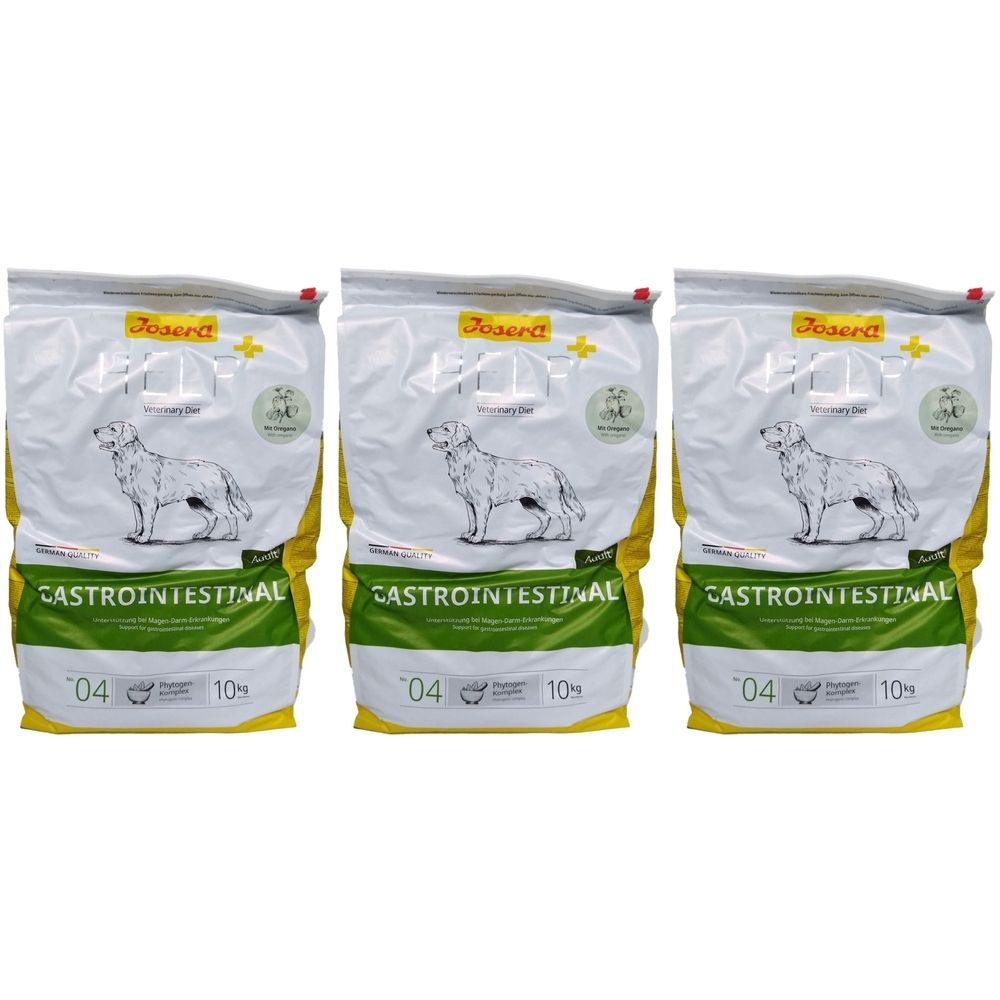 Trois sacs d'aliments pour chiens. Blanc, avec des accents jaunes. Inscription: chien, texte GASTROINTESTINAL, marque JOSERA. 10 kg.